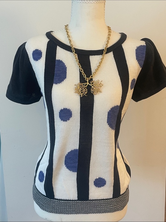Yves Saint Laurent Tops - Vintage Yves Saint Laurent Navy White Polka Dot Stripe Knit Sweater Top M